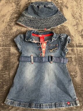 Vtg Ecko Red Denim Belted Dress With Hat Infant Size 6M